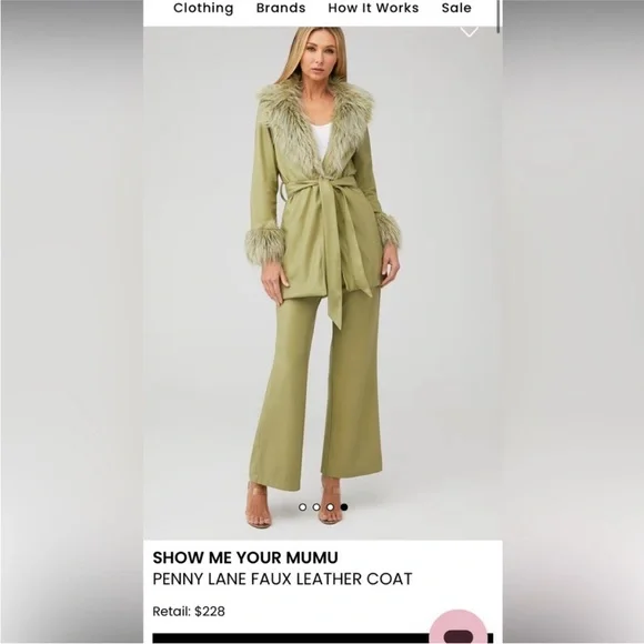 Show Me Your MuMu Penny Lane Olive Green Faux Fur-Trim Tie-Waist Coat - Picture 2 of 8